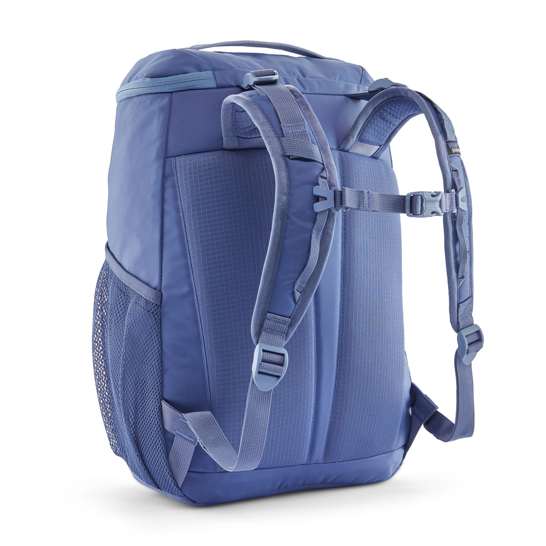 The back of the Patagonia refugito 18 litres daypack in current blue. showing the pastel blue padded shoulder pads with blue detail and mesh side pockets on 100% recycled material 