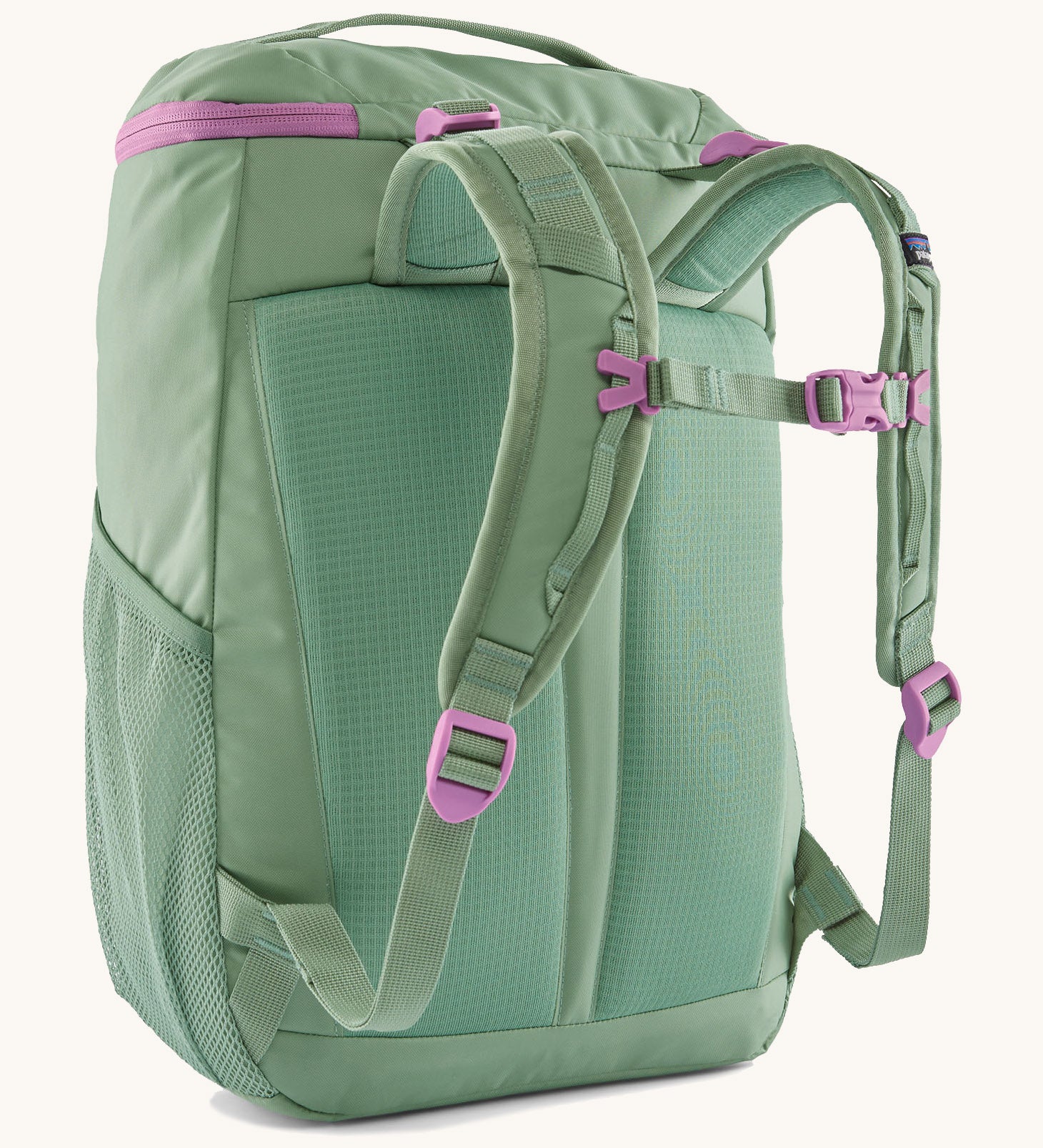 The back of the Patagonia refugito 18 litres daypack in ellwood green. showing the pastel green padded shoulder pads with pink detail and mesh side pockets on 100% recycled material 