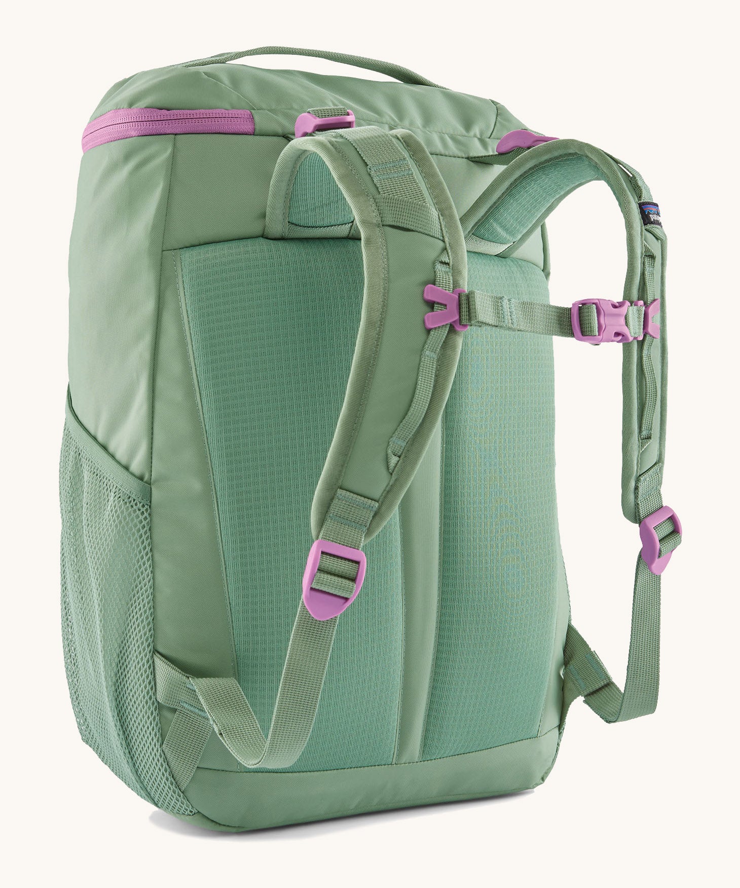 The back of the Patagonia refugito 18 litres daypack in ellwood green. showing the pastel green padded shoulder pads with pink detail and mesh side pockets on 100% recycled material 