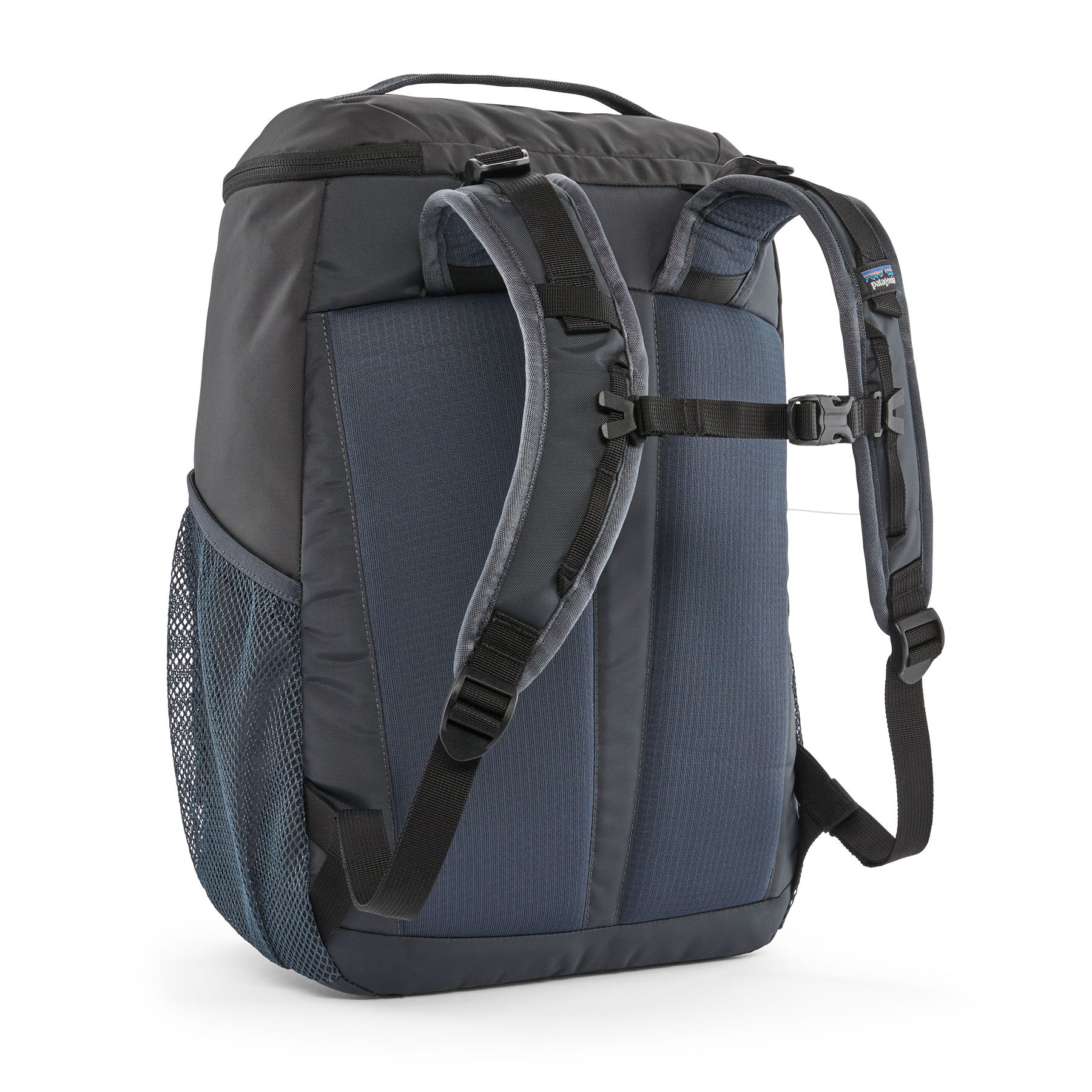 The back of the Patagonia refugito 18 litres daypack in ink black. showing the pastel blue padded shoulder pads with black detail and mesh side pockets on 100% recycled material 