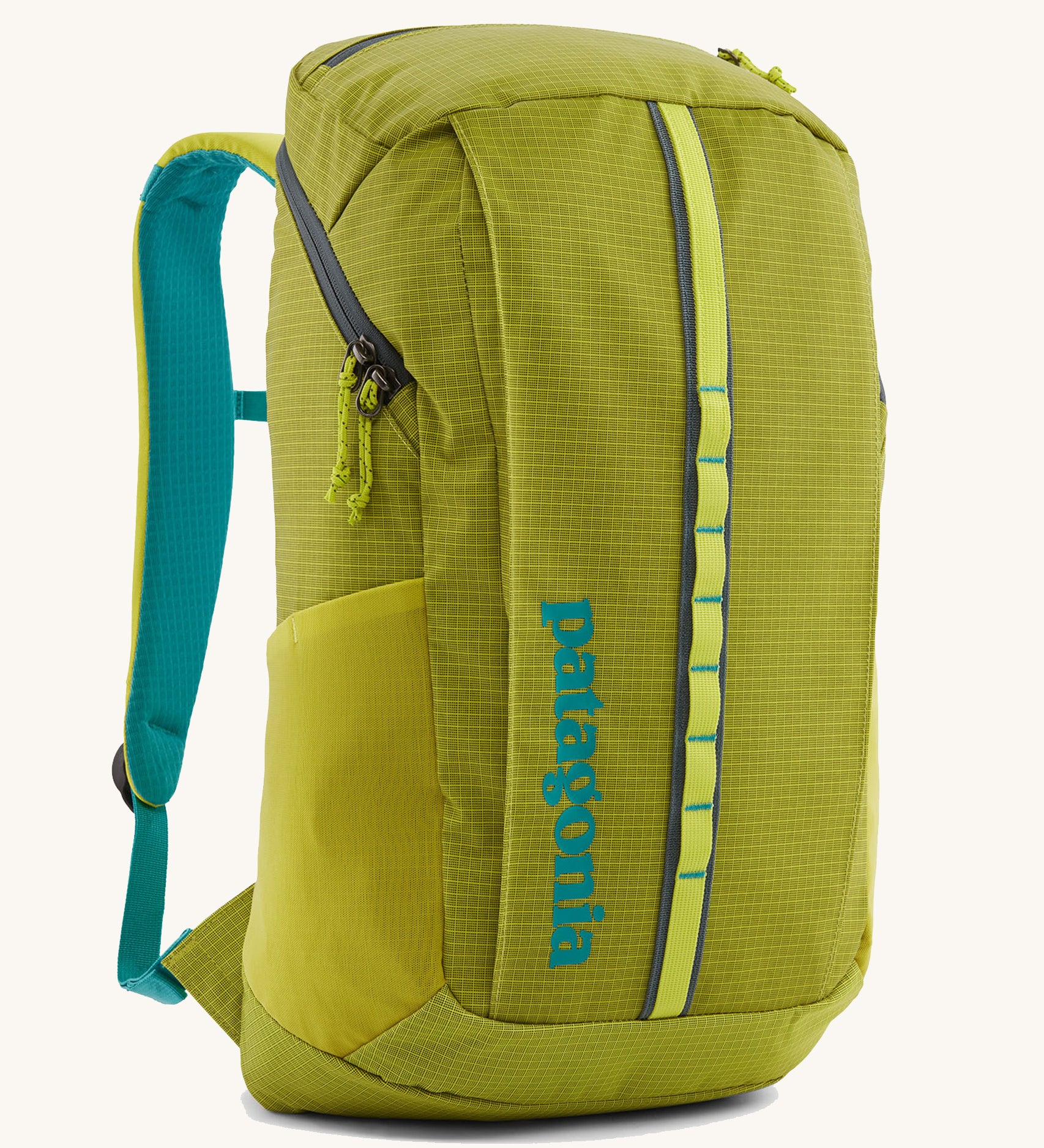 Patagonia Black Hole Recycled Backpack 25L - Phosphorus Green. Showing the front of the bag, on a cream background