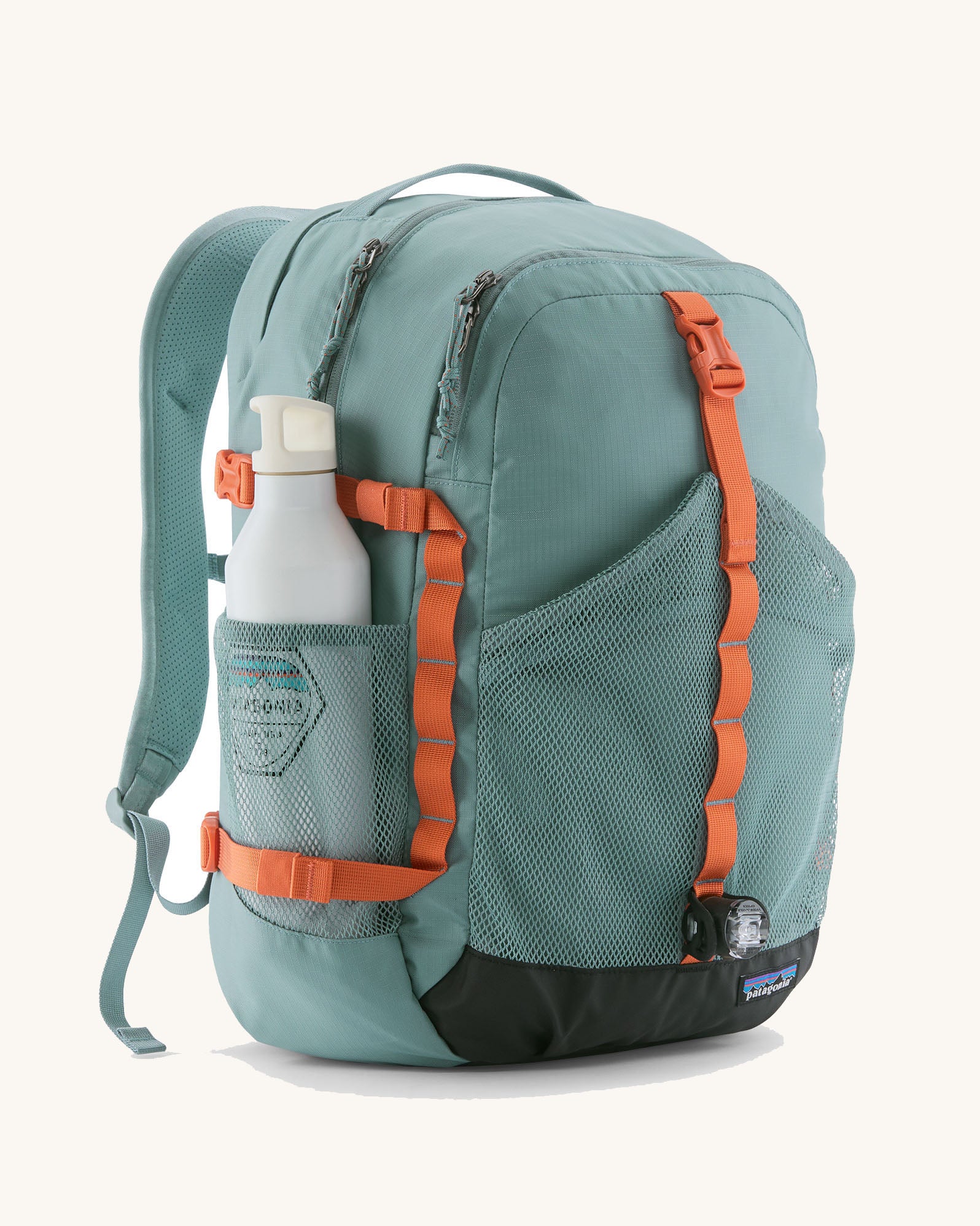 Patagonia 30L refugio backpack in blue sage with white bottle in the side holder and orange gear loops and quick release buckles.