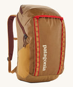 Patagonia 32L black hole packpack in talon gold. A 100% recycled polyester backpack in dark yellow and maroon detail. Features padded shoulder, side pockets for holding bottles and 2 compartments with cream branding on the front