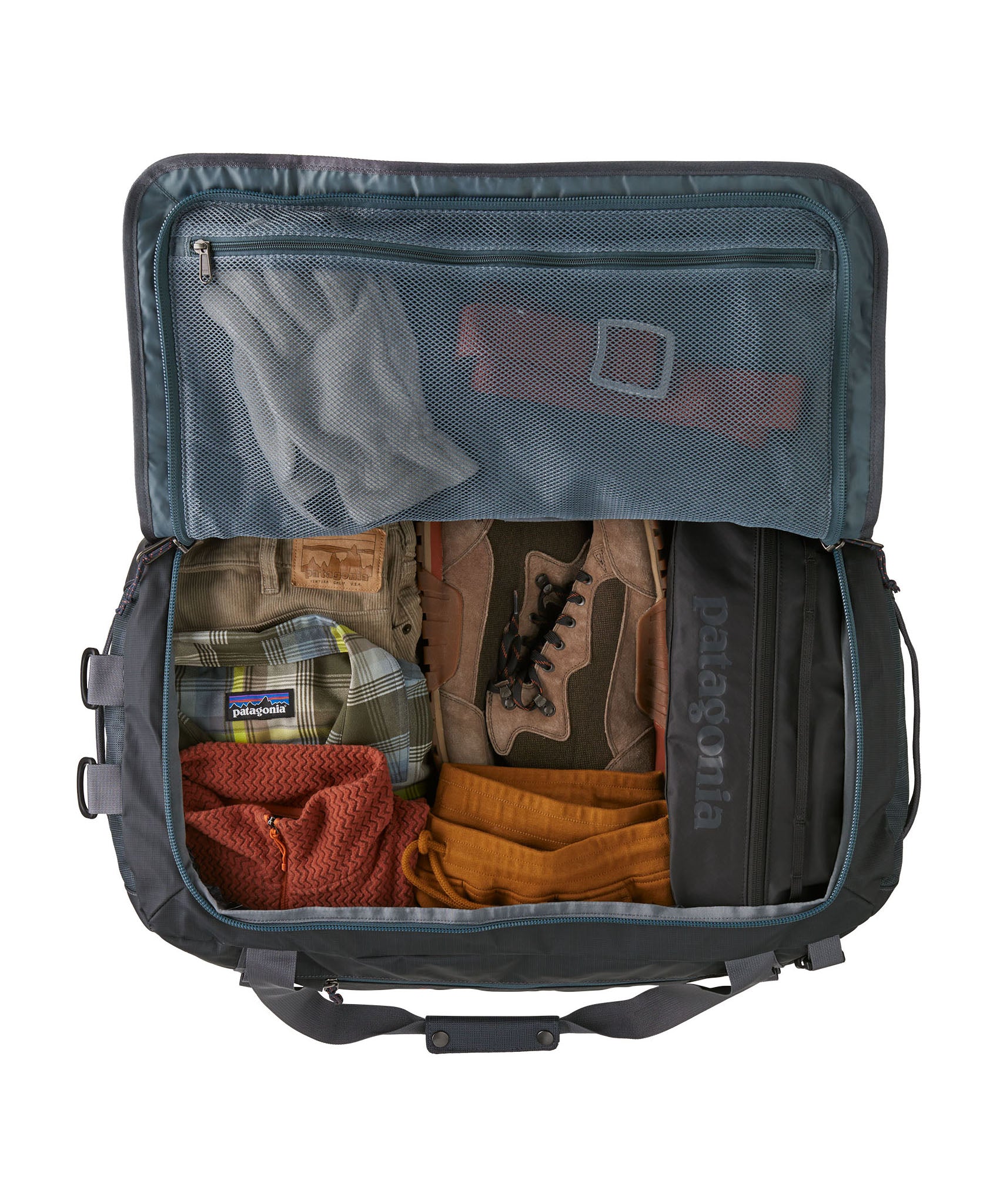 Inside the Patagonia Black Hole Duffel 55L backpack available at Babipur showing how much it can hold
