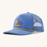 Patagonia broadcaster cap in blue colour on a cream background.