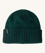 Patagonia adult brodeo beanie hat on cascade green. A soft knit style beanie with turn up brim and logo patch on the side