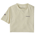 The Patagonia Adult Fitz Roy Icon Responsibili-Tee in a Birch White colour folded into a square with one sleeve out. The grey coloured patagonia logo can be seen on the top right of the top. A small round mountain badge detail can be seen on the left sleeve.