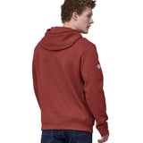 A man wearing a Patagonia Adult Fitz Roy Icon Uprisal Hoody Mangrove Red