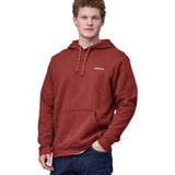 A man wearing the Patagonia Adult Fitz Roy Icon Uprisal Hoody Mangrove Red