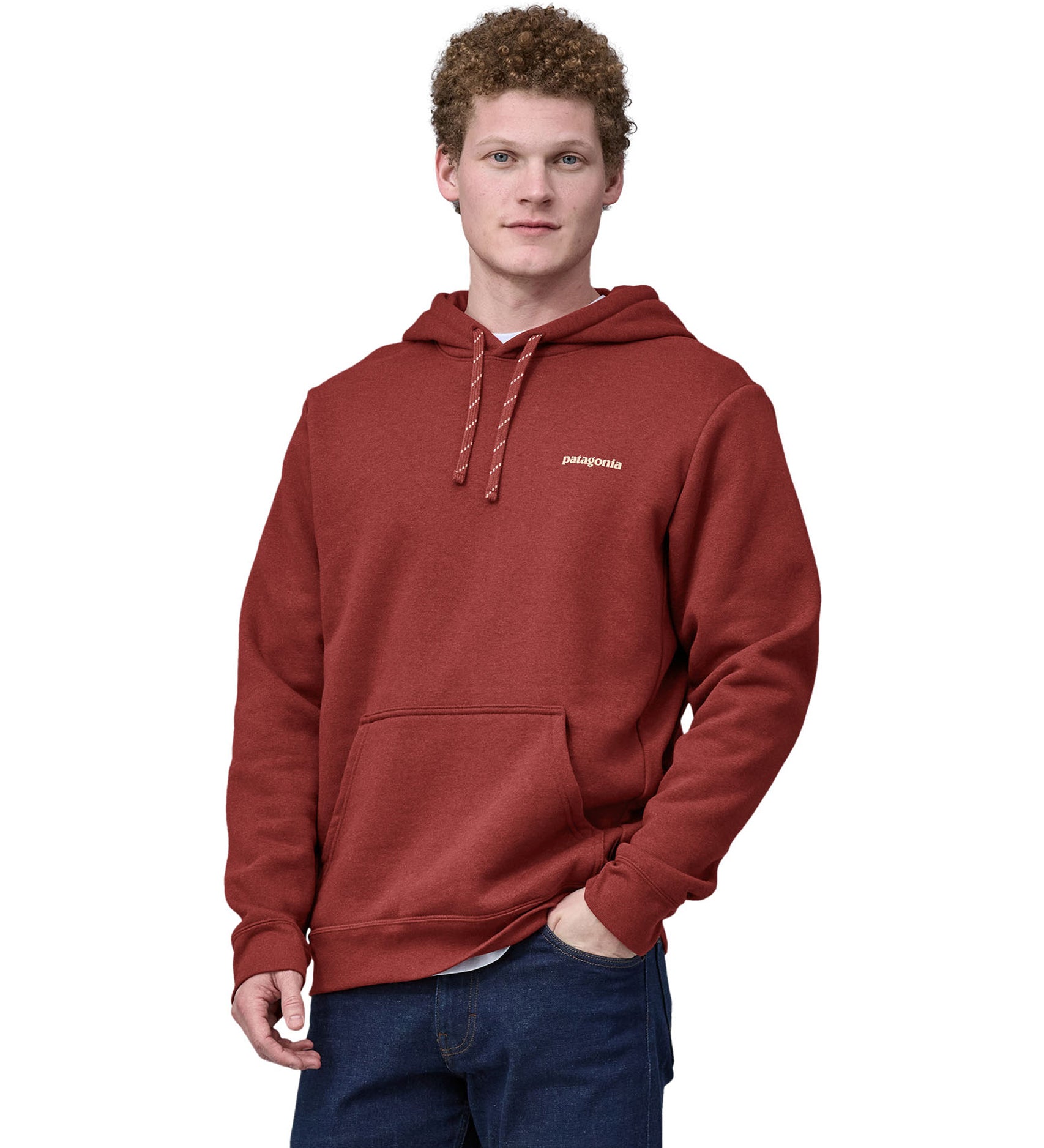 A man wearing the Patagonia Adult Fitz Roy Icon Uprisal Hoody Mangrove Red