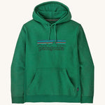 Patagonia adult hoodie in a green colour with the logo on the front on a cream background.