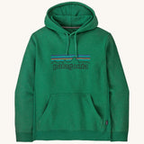 Patagonia adult hoodie in a green colour with the logo on the front on a cream background.