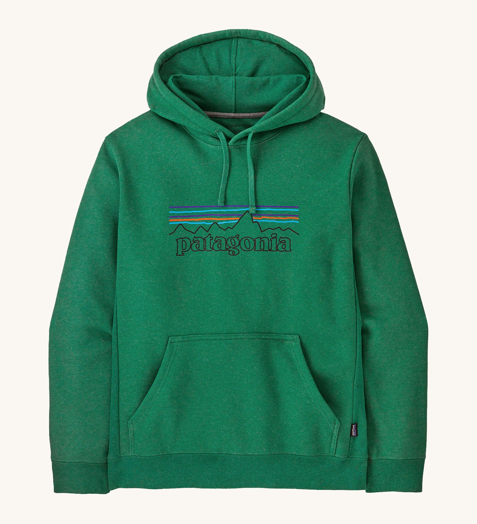 Patagonia adult hoodie in a green colour with the logo on the front on a cream background.
