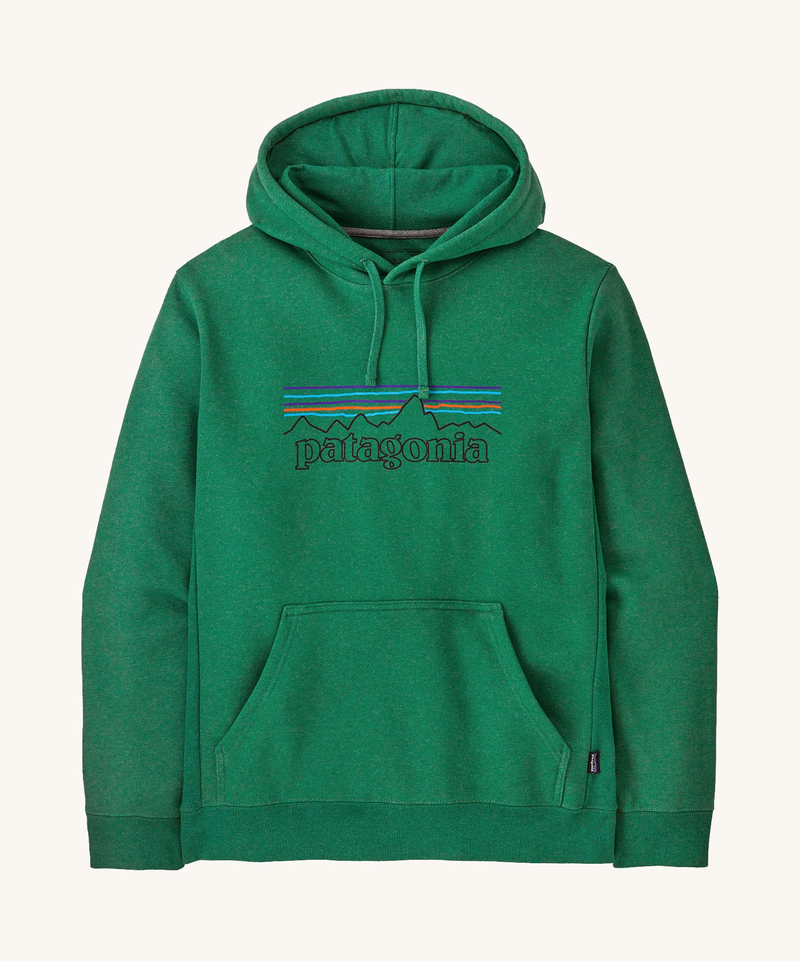 Patagonia adult hoodie in a green colour with the logo on the front on a cream background.