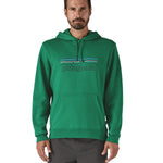 Patagonia adult hoodie in a green colour with the logo on the front worn by a man