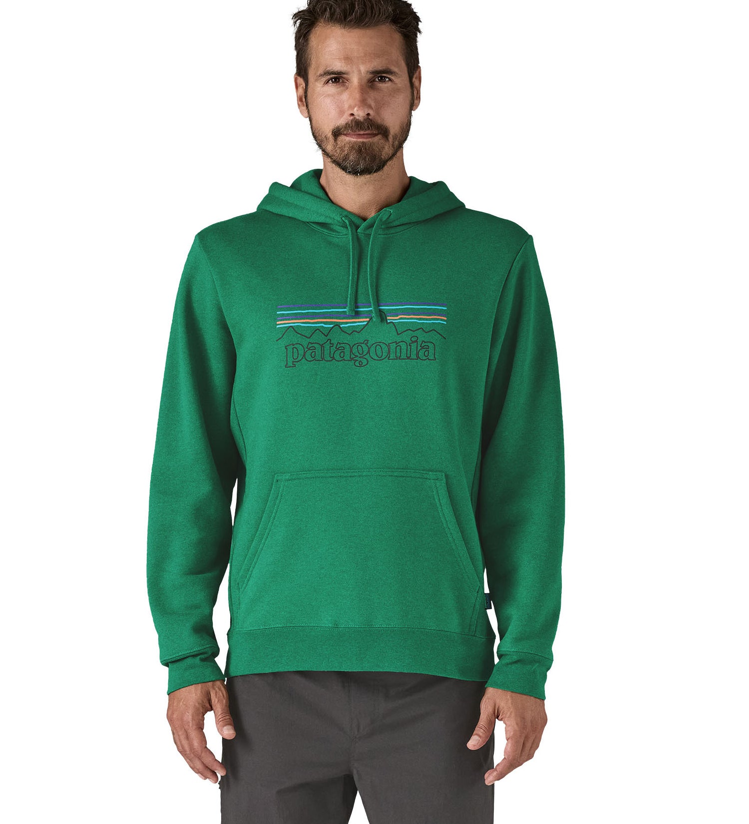 Patagonia adult hoodie in a green colour with the logo on the front worn by a man
