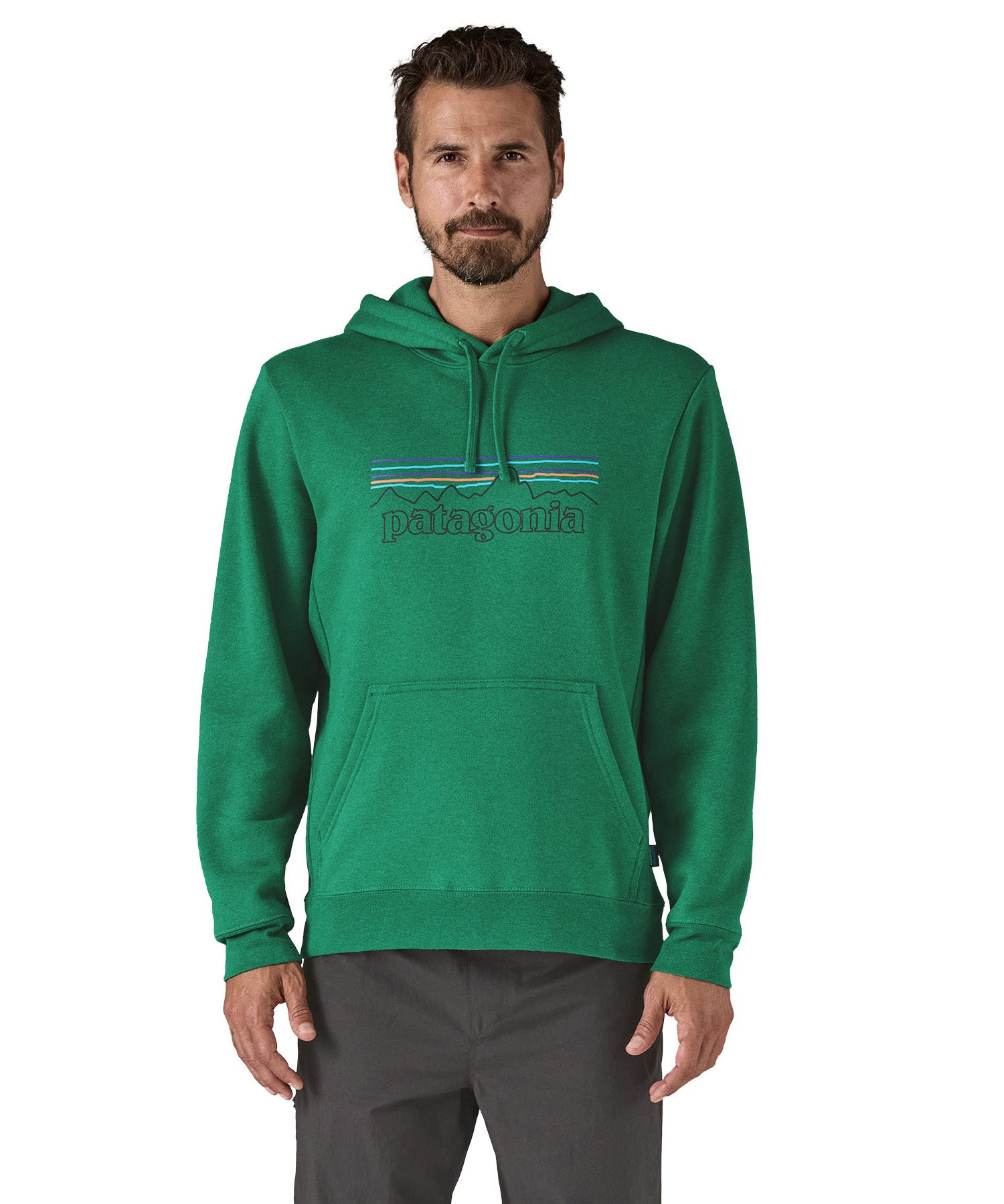 Patagonia adult hoodie in a green colour with the logo on the front worn by a man