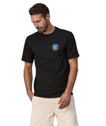 A adult wearing the Patagonia Fitz roy unity responsibili top. A mens cotton short sleeve top in black with a cartoon earth icon on the left chest. 