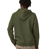 A man wearing a Patagonia Adult P-6 Logo Uprisal Hoody in a Torrey Pine Green colour, he is stood in front of a plain background. The man is facing away from the camera showing the back of the hooded top. 