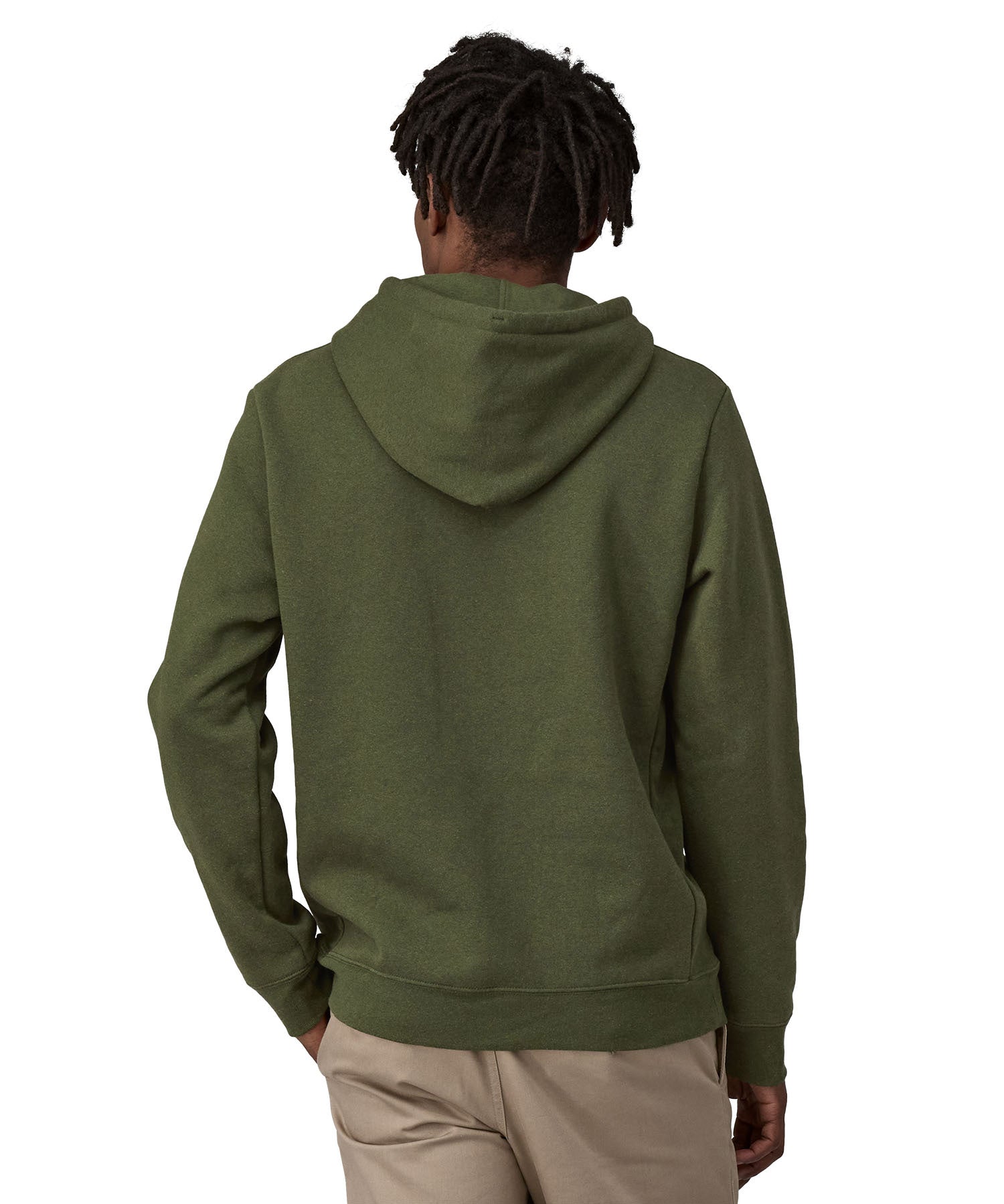 A man wearing a Patagonia Adult P-6 Logo Uprisal Hoody in a Torrey Pine Green colour, he is stood in front of a plain background. The man is facing away from the camera showing the back of the hooded top. 