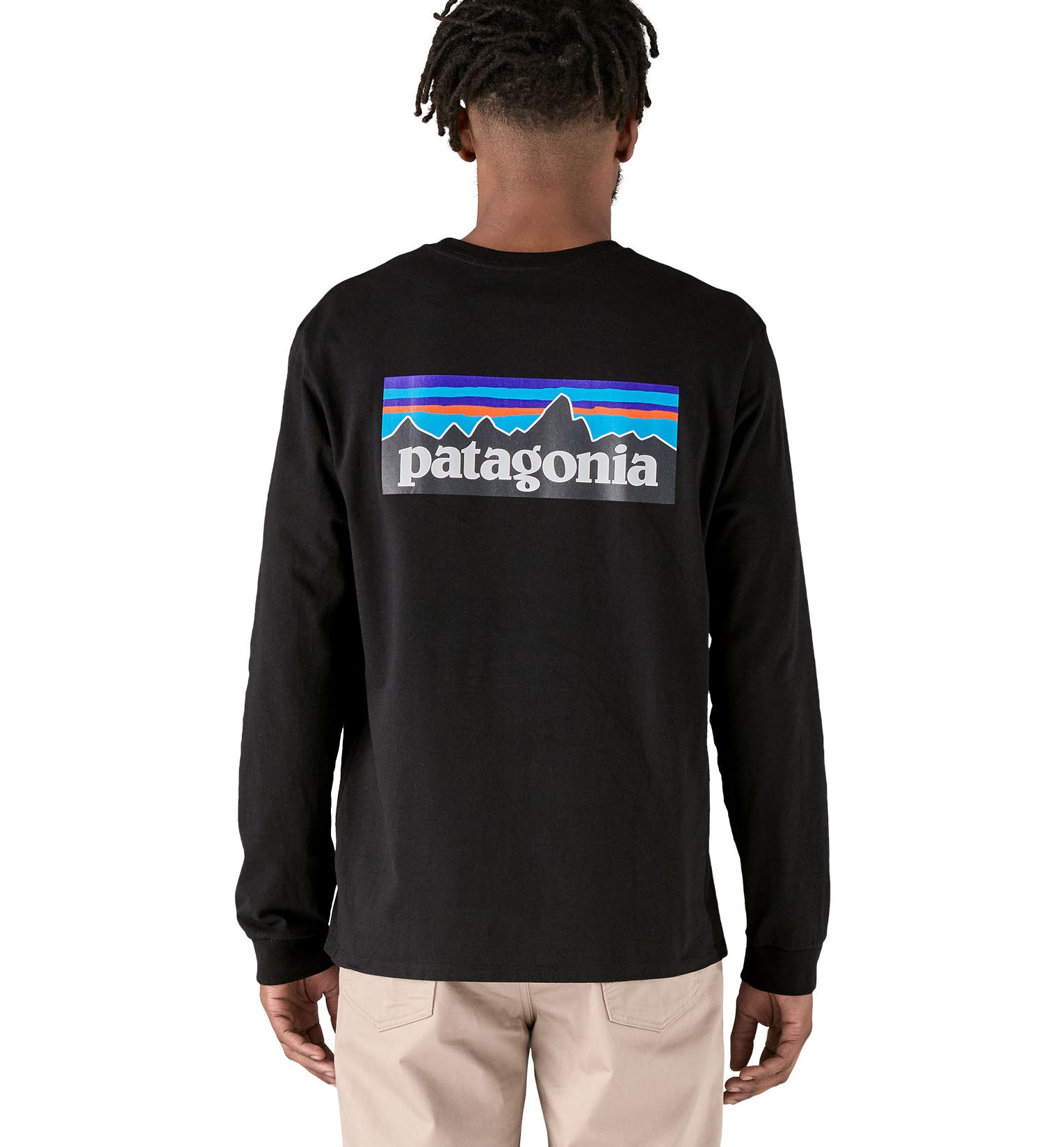 Rear view of the the black cotton Patagonia Adult  L/S P-6 Logo Responsibili-Tee, worn by an adult