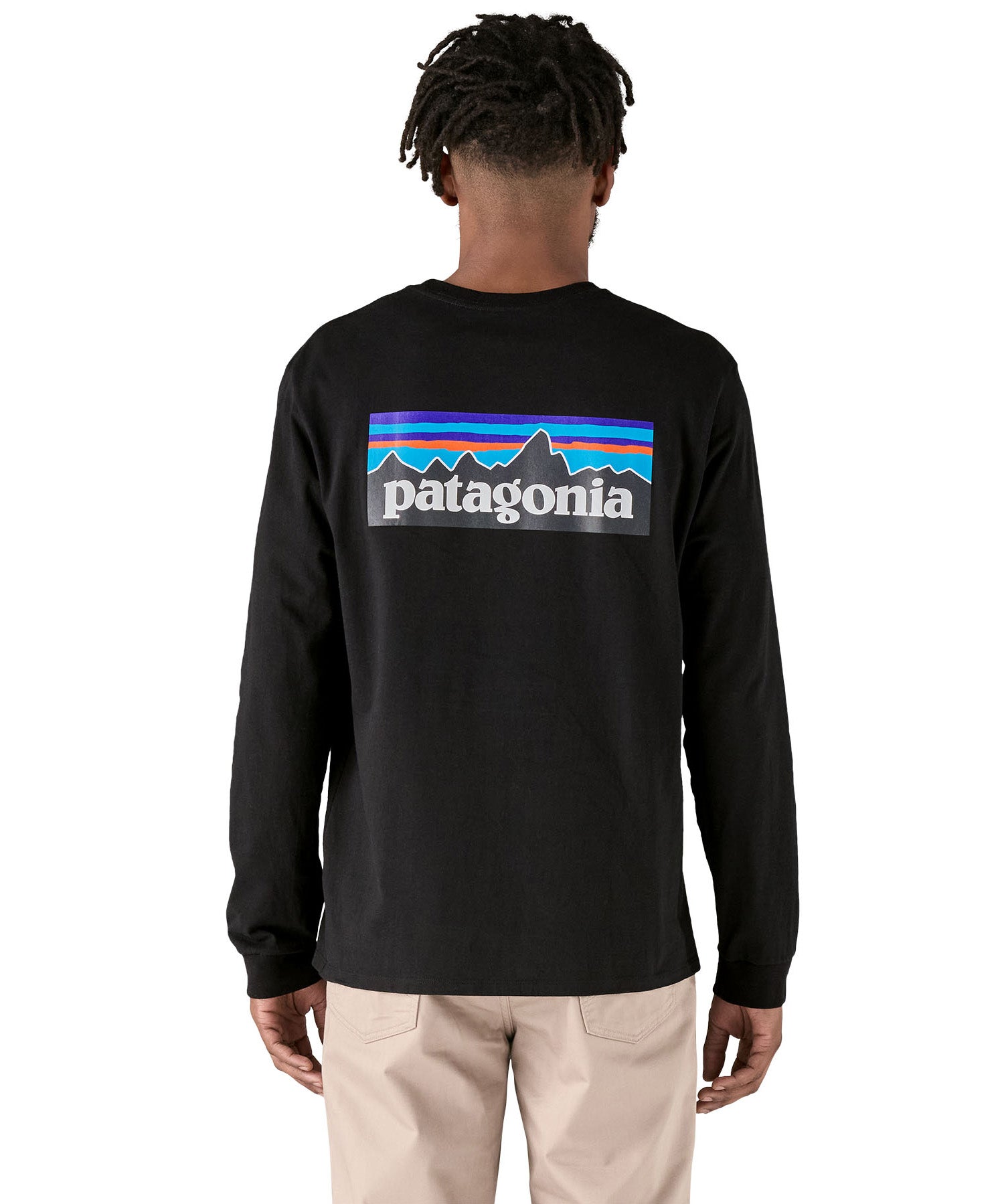 Rear view of the the black cotton Patagonia Adult  L/S P-6 Logo Responsibili-Tee, worn by an adult