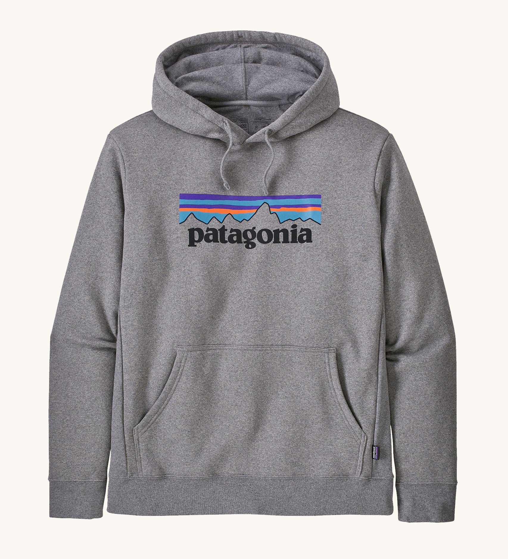 Patagonia Adult P-6 Logo Uprisal Hoody in a Gravel Heather grey colour on a plain background. 