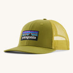 Patagonia adult trucker hat in green colour on a cream background.