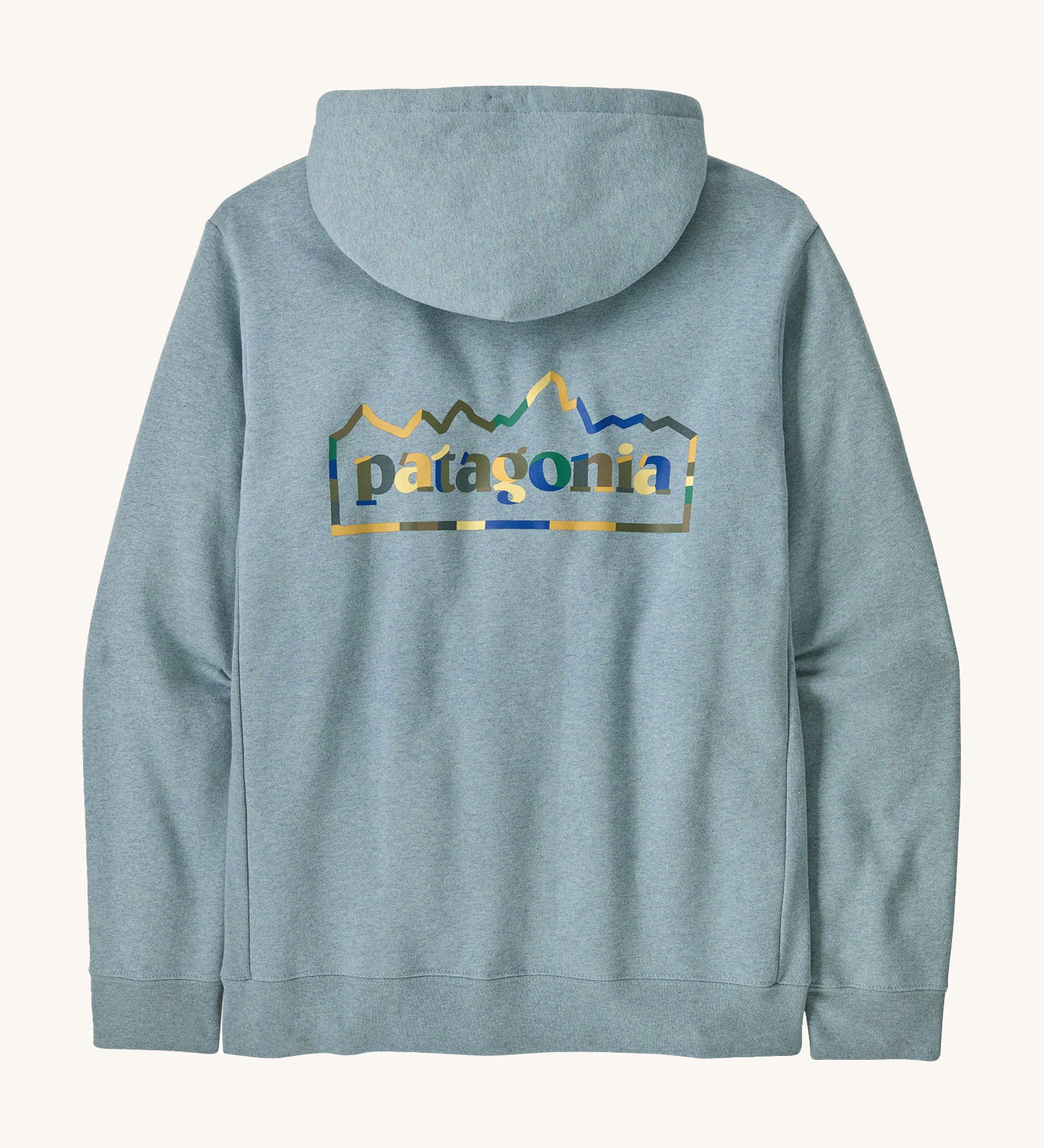 Patagonia adult unity hoodie in thermal lue with the logo design on the back on a cream backgroud.