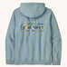 Patagonia adult unity hoodie in thermal lue with the logo design on the back on a cream backgroud.
