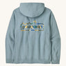 Patagonia adult unity hoodie in thermal lue with the logo design on the back on a cream backgroud.