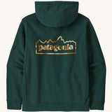 Patagonia adult Unity Fitz Uprisal Hoody in a cascade green colour. A thick hooded pull over with a large branded print on the back.