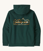 Patagonia adult Unity Fitz Uprisal Hoody in a cascade green colour. A thick hooded pull over with a large branded print on the back.