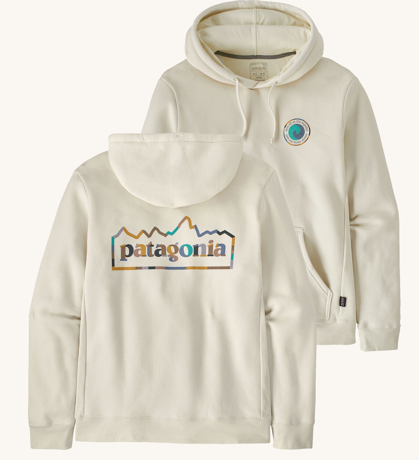 Patagonia Adult Unity Fitz Uprisal Hoody Birch White on a plain background showing both back and front