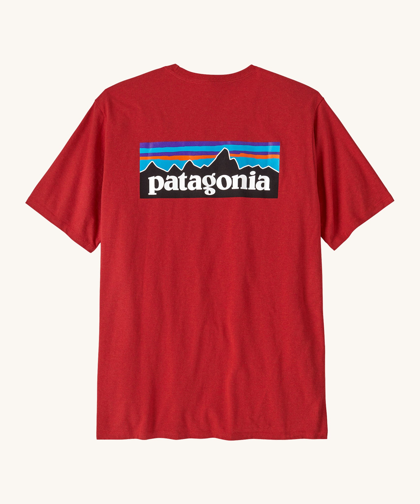 Patagonia men's logo t-shirt in amanita red. A short sleeve top with a large  brand logo print on the back. 