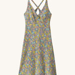 Patagonia women's amber dawn dress in blue with floral pattern on a cream background