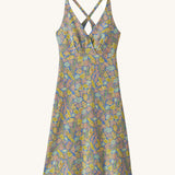 Patagonia women's amber dawn dress in blue with floral pattern on a cream background