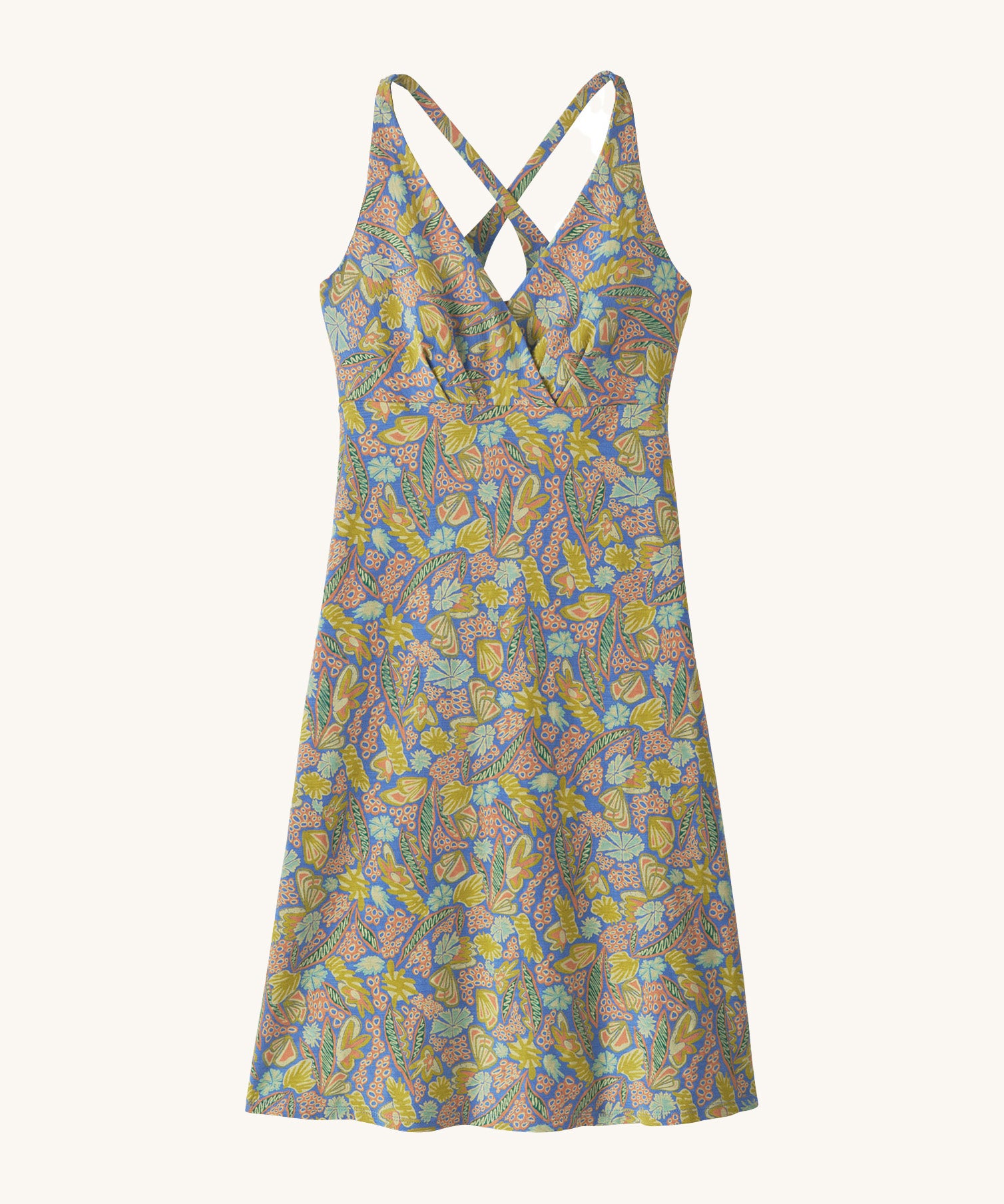 Patagonia women's amber dawn dress in blue with floral pattern on a cream background