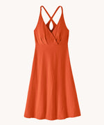 Patagonia amber dawn organic cotton sleeveless dress in orange. Dress is slim fit 