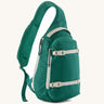 Patagonia atom cross body 8L sling bag in gem green with grey handle, zips, gear straps and buckles.