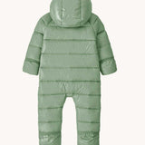 The back of a Patagonia Baby Hi-Loft Down Sweater Buntingin an Ellwood Green colour. A pale green hooded all in one thick suit with a double zip fastener on the front 