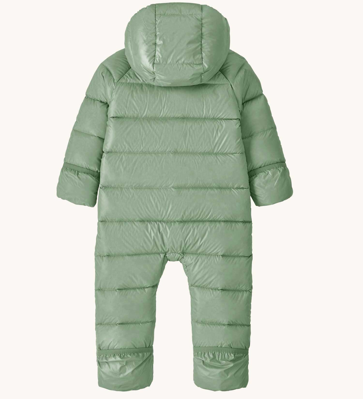 The back of a Patagonia Baby Hi-Loft Down Sweater Buntingin an Ellwood Green colour. A pale green hooded all in one thick suit with a double zip fastener on the front 