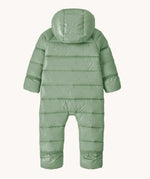 The back of a Patagonia Baby Hi-Loft Down Sweater Buntingin an Ellwood Green colour. A pale green hooded all in one thick suit with a double zip fastener on the front 