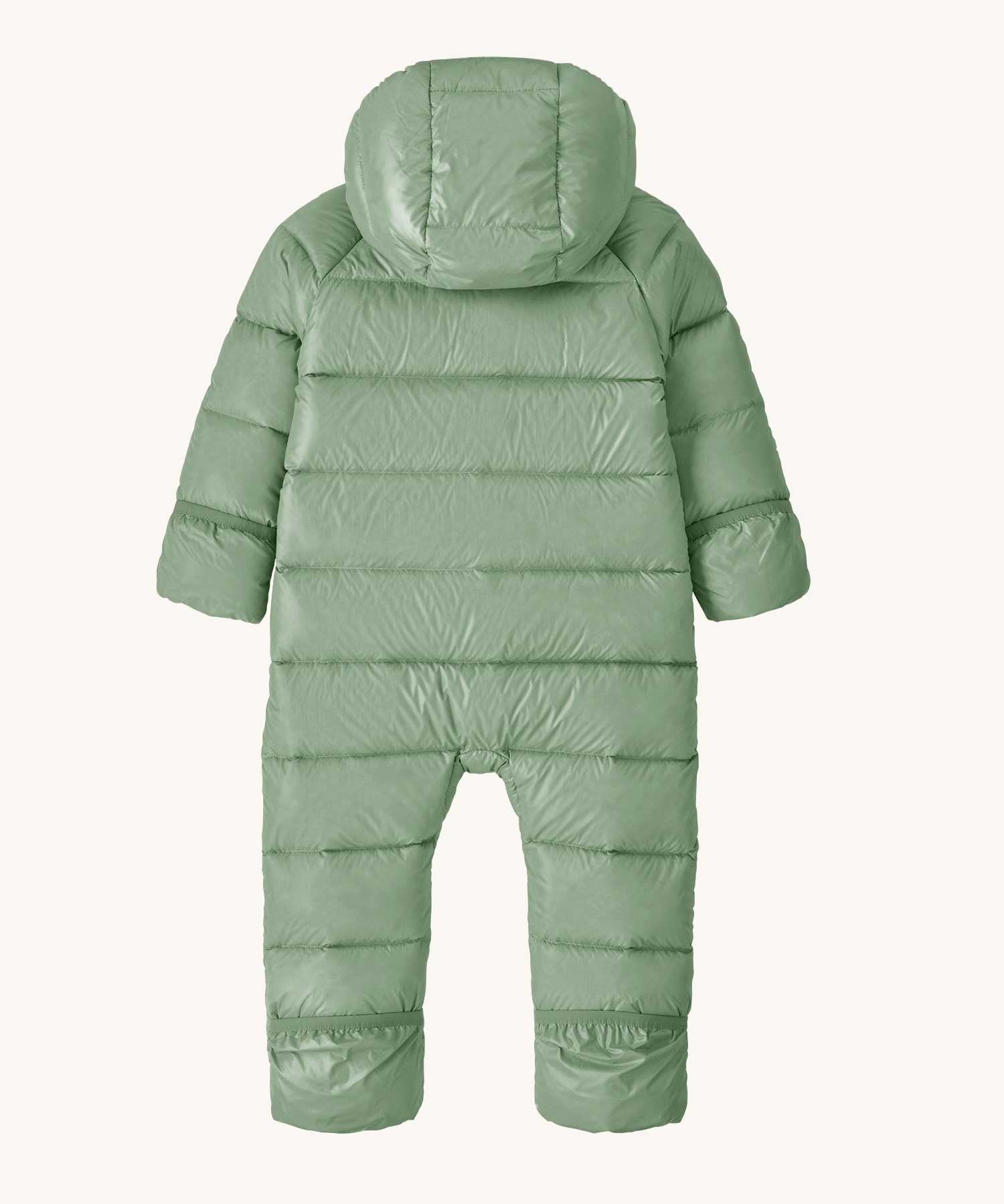 The back of a Patagonia Baby Hi-Loft Down Sweater Buntingin an Ellwood Green colour. A pale green hooded all in one thick suit with a double zip fastener on the front 