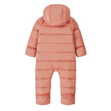 The back of the Patagonia Baby Hi-Loft Down Sweater Bunting all in one padded suit in a Moment Pink colour available at Babipur.