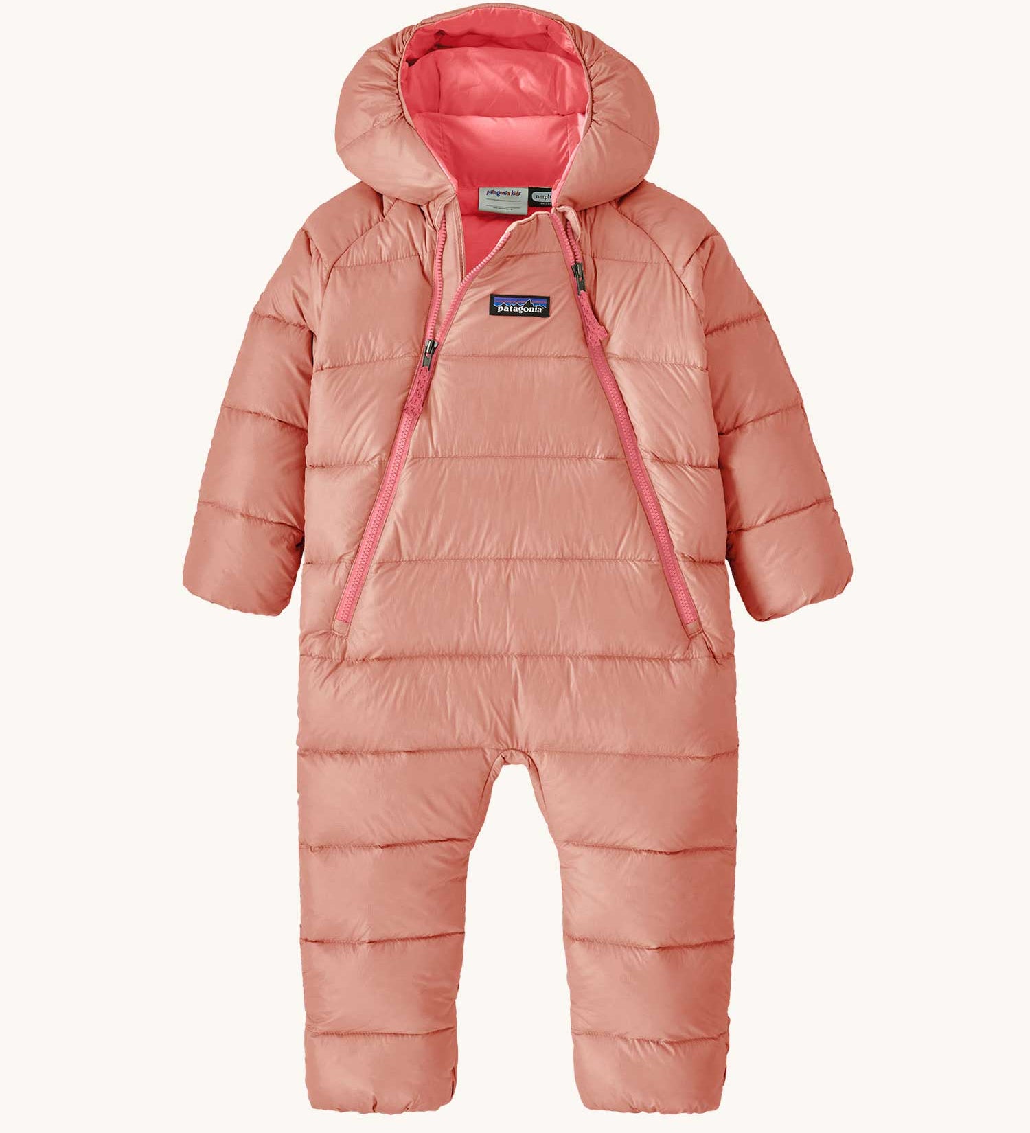 Patagonia Baby Hi-Loft Down Sweater Bunting all in one padded suit in a Moment Pink colour.
