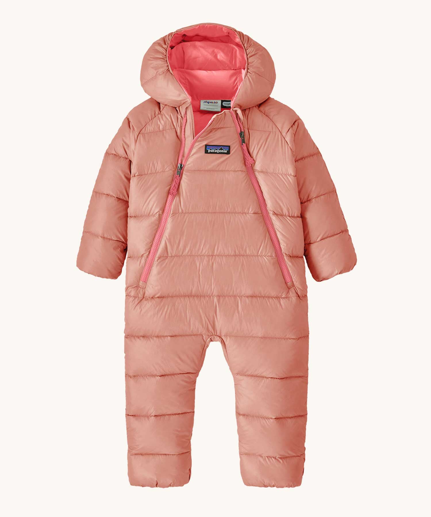 Patagonia Baby Hi-Loft Down Sweater Bunting all in one padded suit in a Moment Pink colour.
