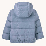 A view of the back of the Patagonia Little Kids Hi-Loft Down Sweater Hoody Jacket in a Barnacle Blue colour. 