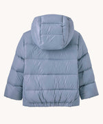 A view of the back of the Patagonia Little Kids Hi-Loft Down Sweater Hoody Jacket in a Barnacle Blue colour. 
