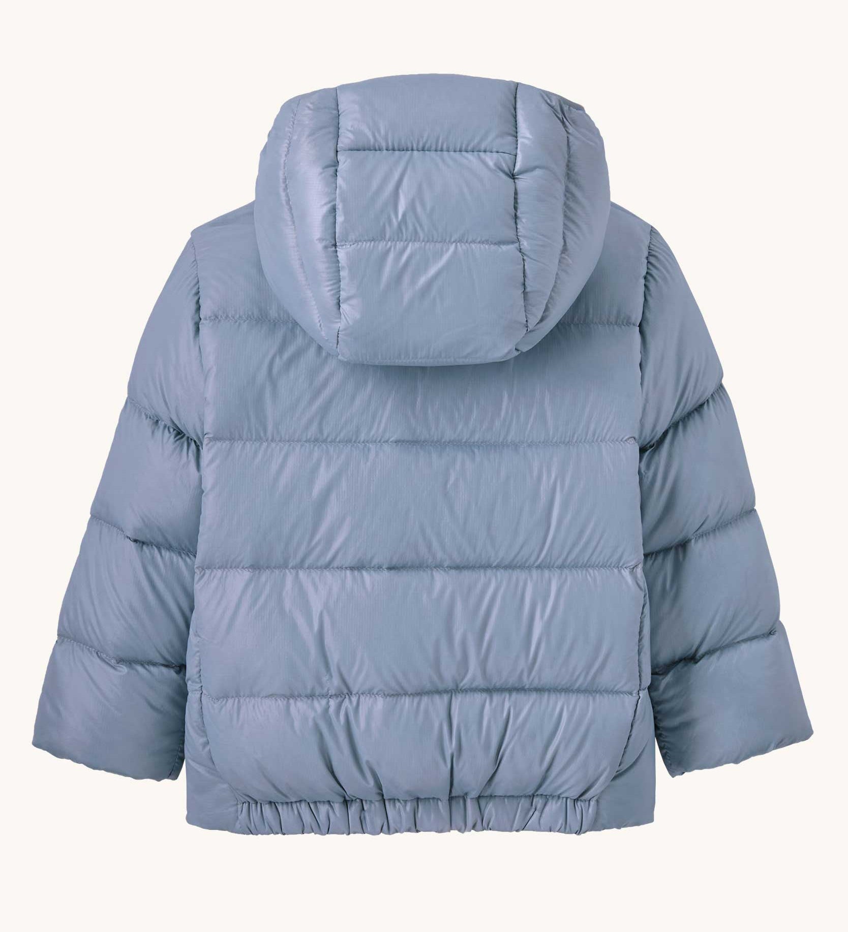 A view of the back of the Patagonia Little Kids Hi-Loft Down Sweater Hoody Jacket in a Barnacle Blue colour. 